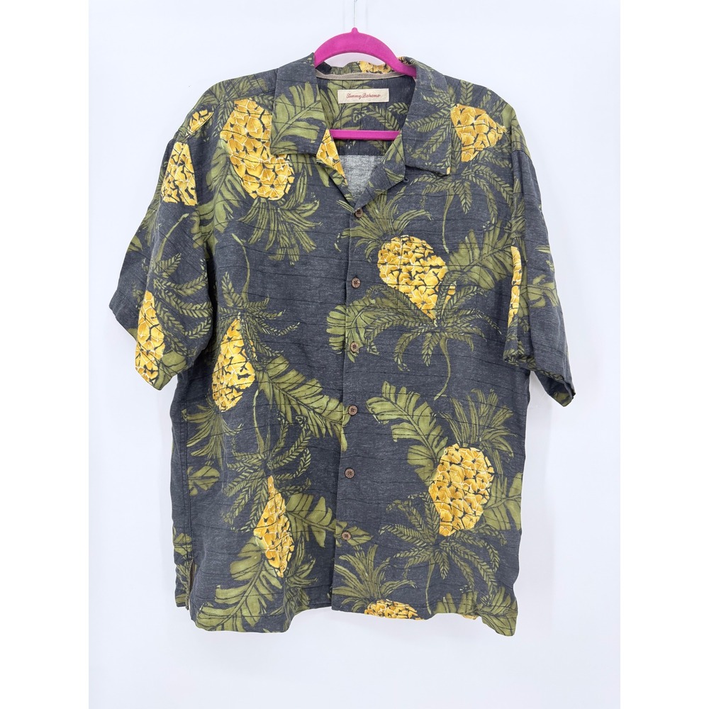 Tommy Bahama Shirt Mens XL Black Pineapple Linen Silk Blend Short Sleeve Camp